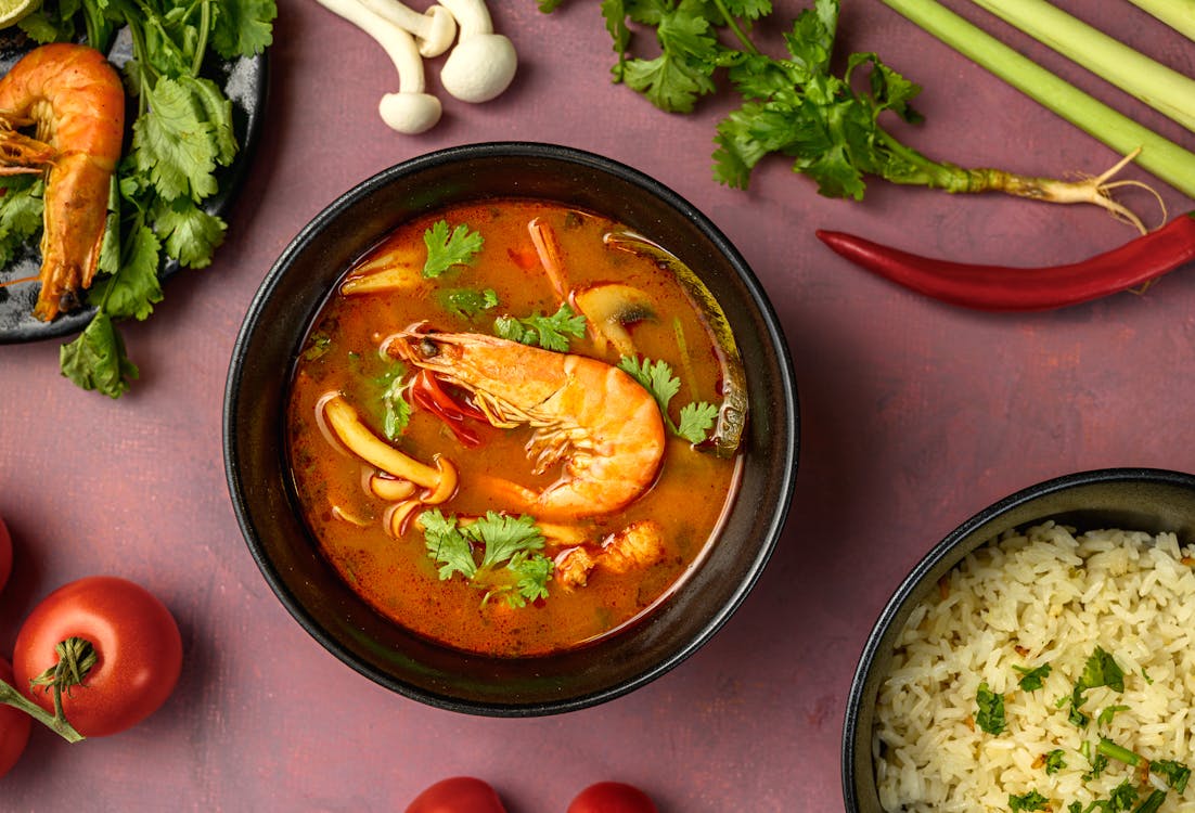 Free Soup With Vegetables and Shrimp in Brown Ceramic Bowl Stock Photo