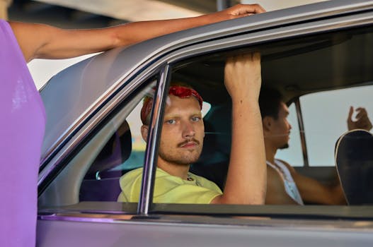 Portrait of a young man wearing a bandana, sitting inside a car on a sunny day.