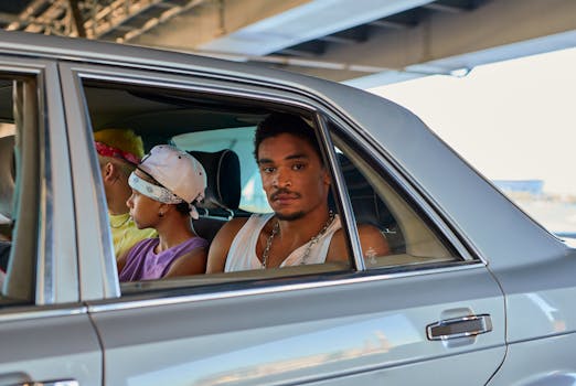 Young adults sitting in a car under a bridge, capturing an urban lifestyle moment.