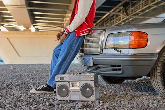 Man leans on classic car with retro boombox under a bridge, evoking vintage vibes.