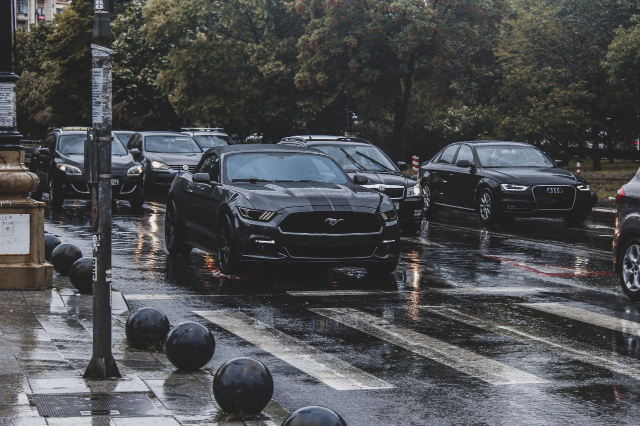 black mustang amidst traffic on rainy street highlighting urban vibe