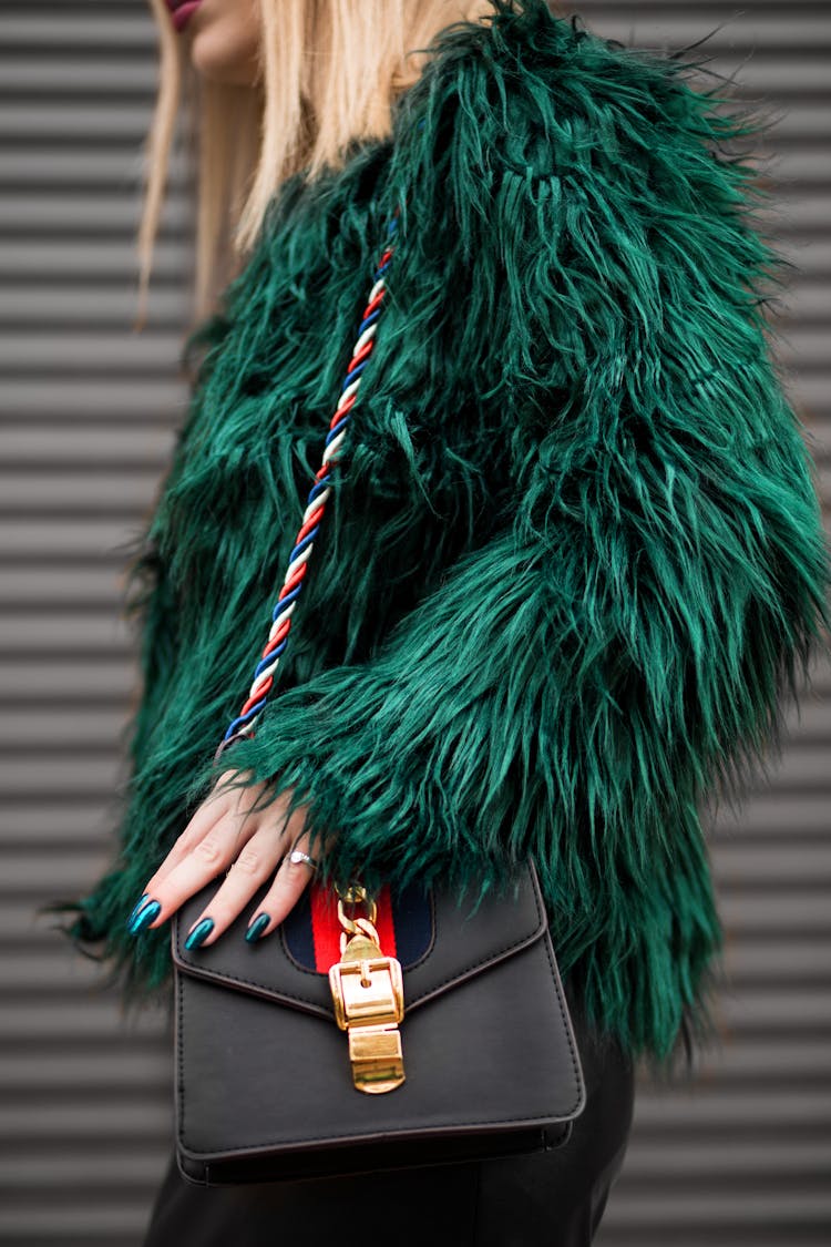 Woman Wearing Green Fur Jacket