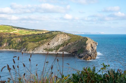 Free Scenic view of Durdle Door coastline in the UK with lush greenery, cliffs, and blue sea. Stock Photo