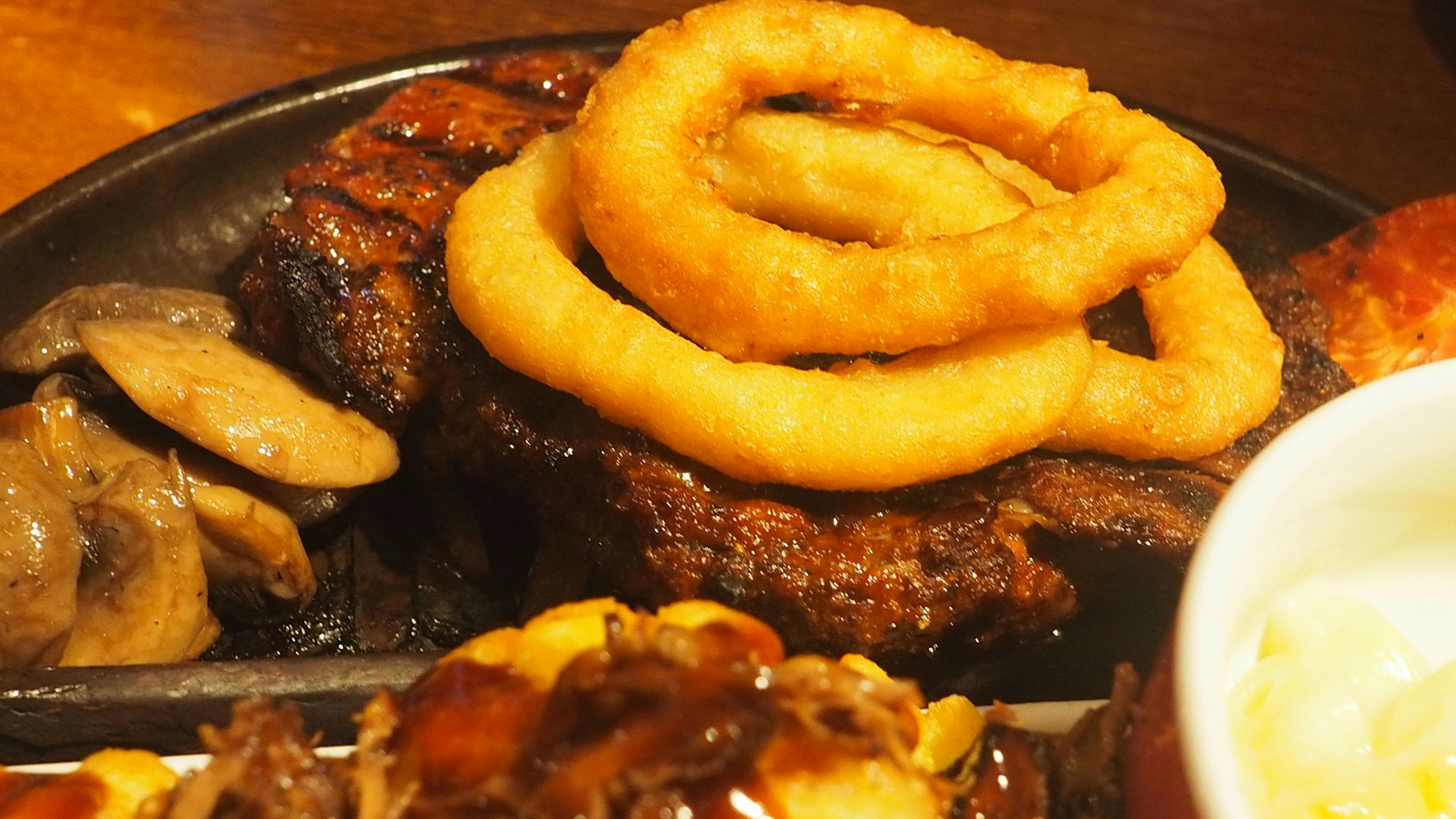 Free stock photo of mushrooms, onion rings, steak