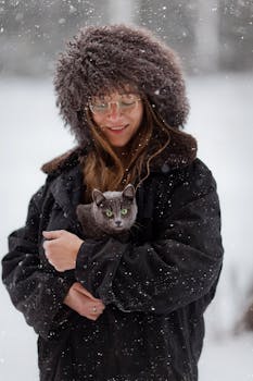 Woman in warm winter clothes holding a British Blue cat amidst falling snow.