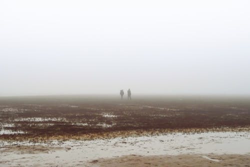 Duas Pessoas Caminhando No Campo Coberto De Nevoeiro