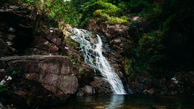 A tranquil waterfall cascading down rocks surrounded by vibrant green forest foliage.