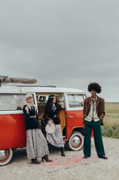 Three people dressed in 60s fashion enjoy a retro road trip with a vintage Volkswagen van.