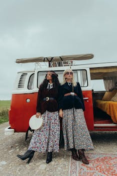 Two women in bohemian style standing by a red vintage campervan outdoors.