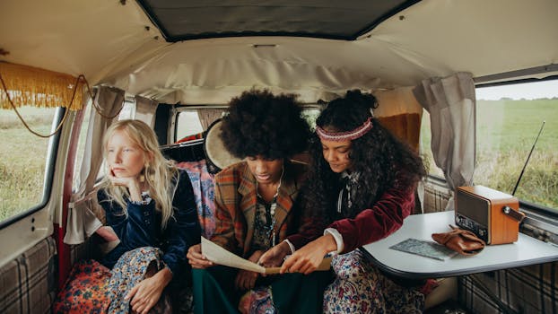 Group of friends in a vintage van exploring maps with a hippie vibe.