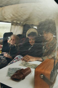 Three young adults on a retro road trip, relaxing inside a vintage van. Nostalgic vibes.