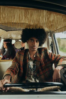 Portrait of a stylish man driving a retro van with friends on a countryside road trip.