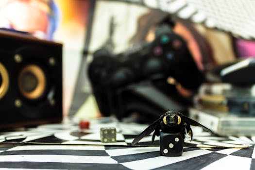 A bee perched on dice against a backdrop of gaming equipment, creating a surreal composition.