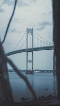黄昏时分，平静水面上吊桥的宁静景色被捕捉下来，前景由树木构成