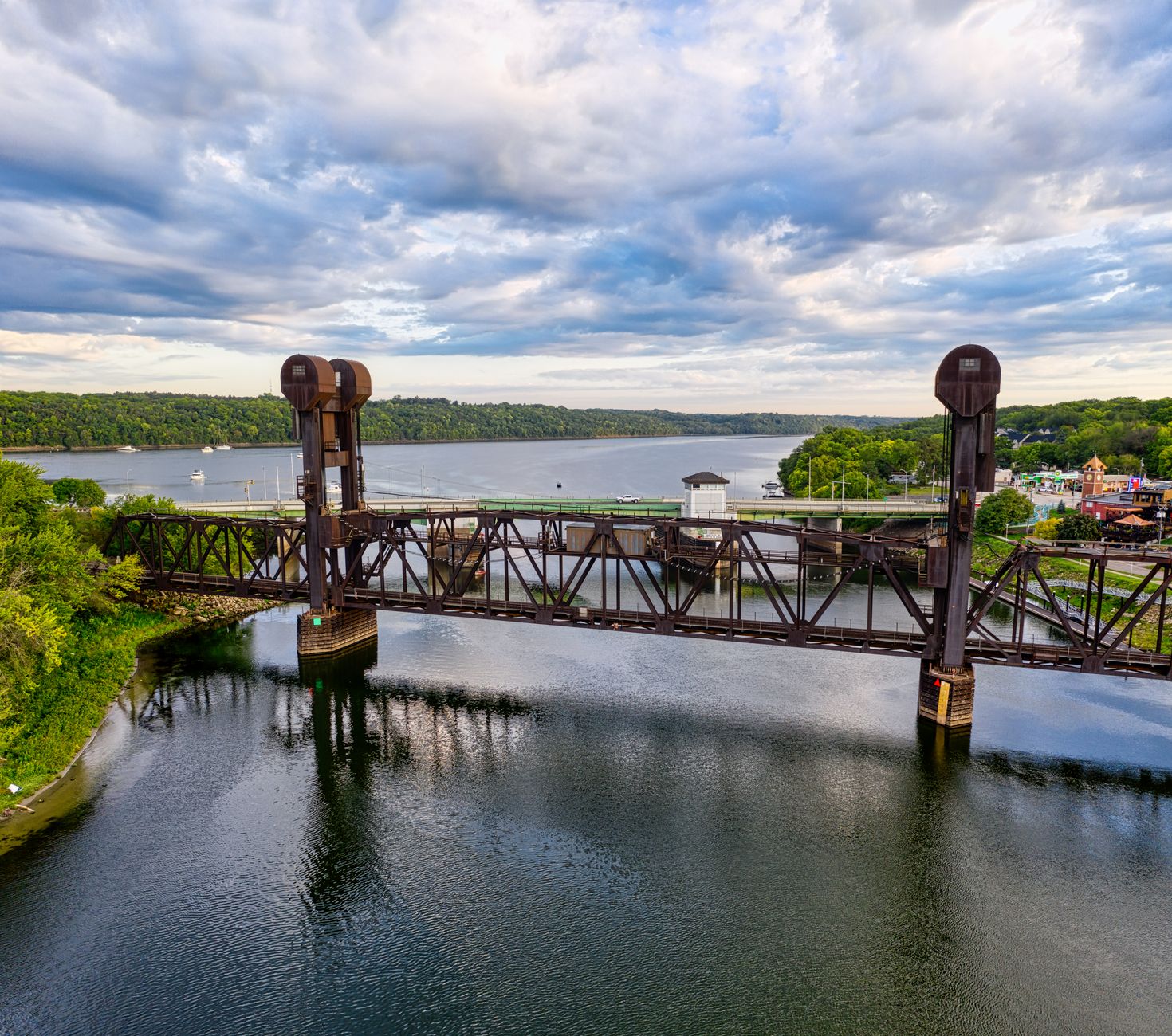 Aerial view of the historic Point Douglas Drawbridge over the St. Croix River in Prescott.