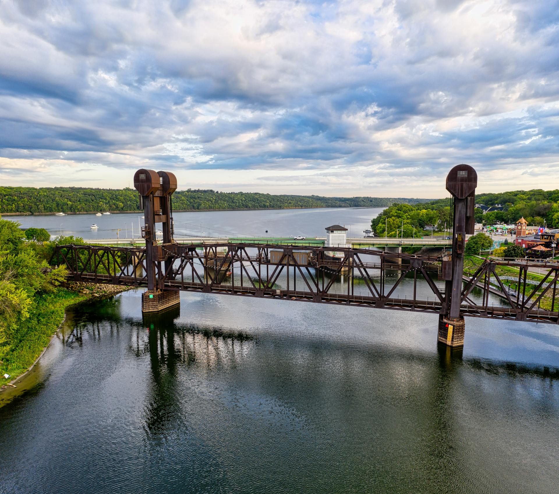 Aerial view of the historic Point Douglas Drawbridge over the St. Croix River in Prescott.