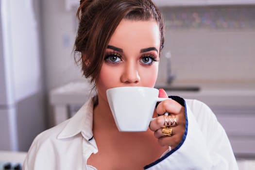 A young woman enjoys a hot cup of coffee in a cozy kitchen setting.