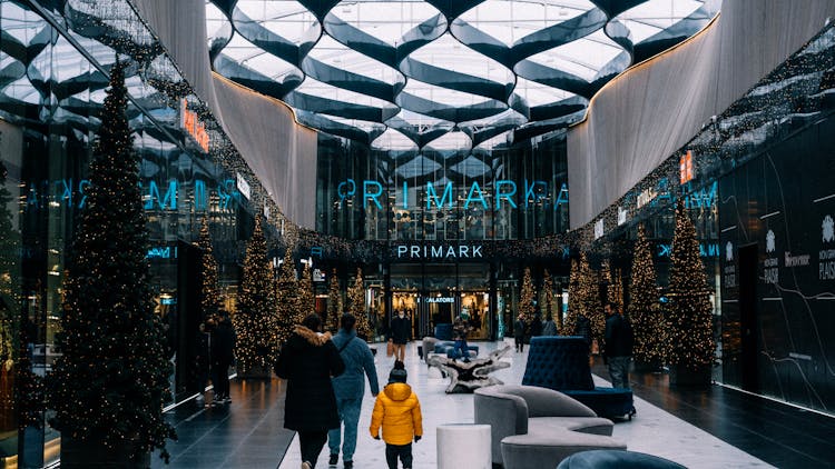 People Walking In Shopping Center On Winter Holidays