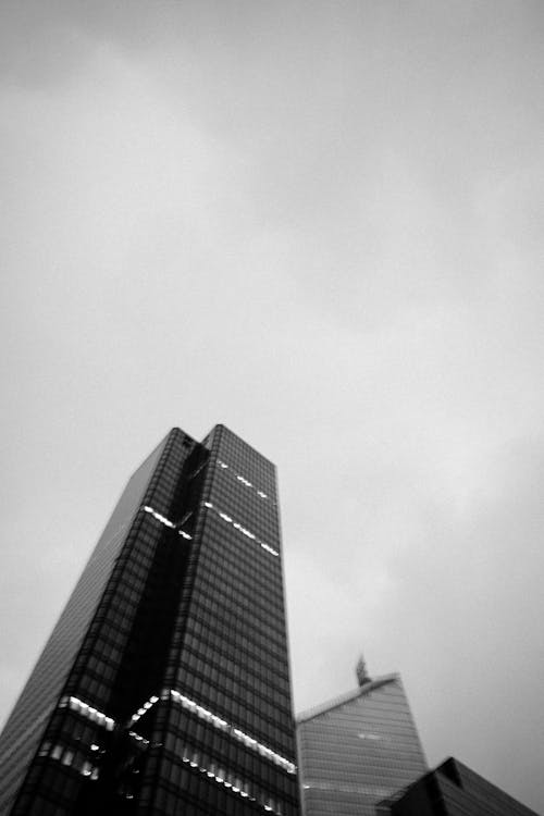 Grayscale Photo of Glass Walled High Rise Building