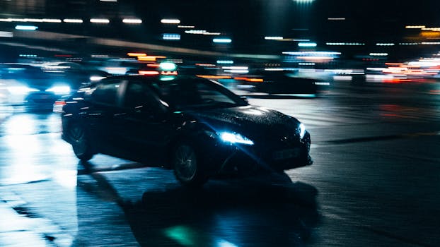 Car driving on a rainy city street with blurred lights capturing motion and urban nightlife.