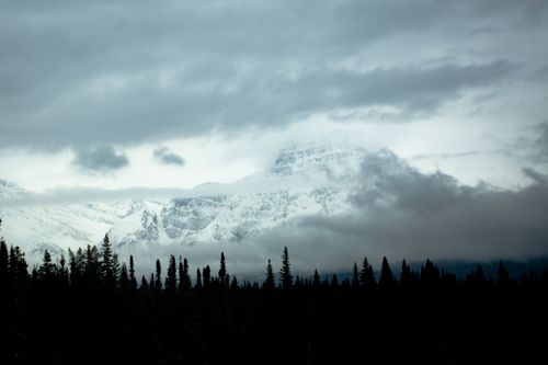 Free Breathtaking view of snowcapped mountains and dense forest in Canada, shrouded by clouds. Stock Photo