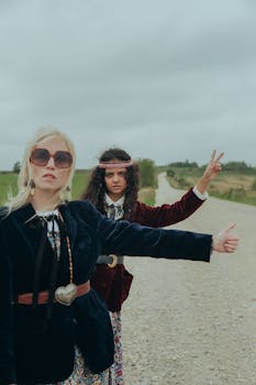 Two women in retro attire hitchhiking on a rural road with peace and thumbs up gestures.