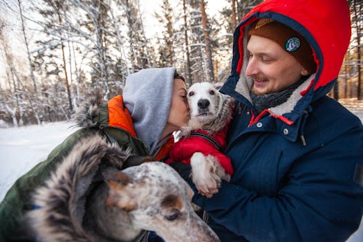 A couple in winter clothes with their dogs enjoying a snowy day outdoors.
