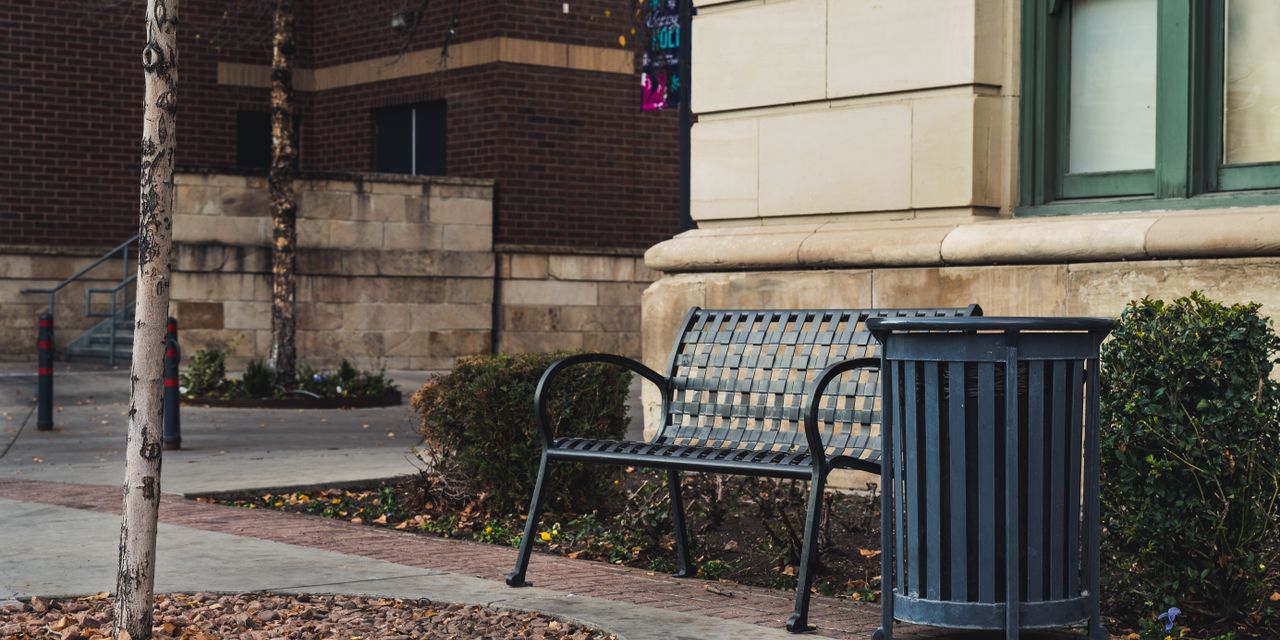 Street view showing an empty park bench beside a trash bin in an urban area.