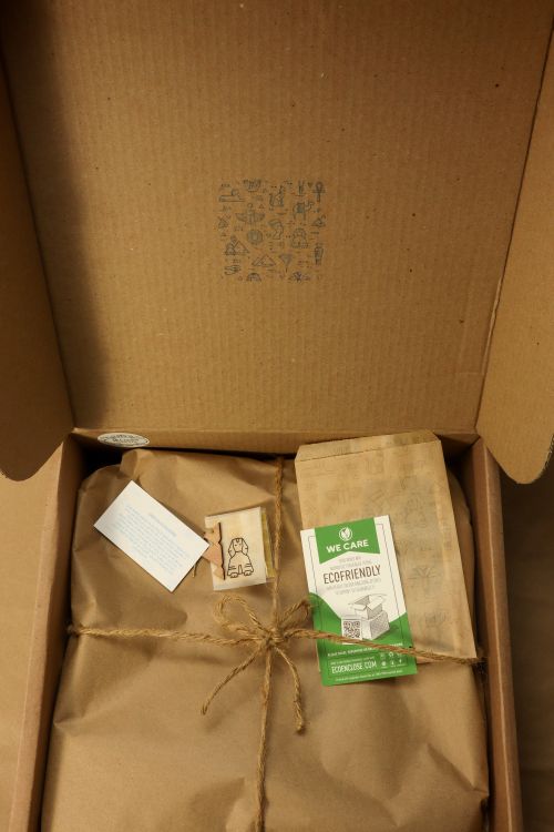 Free Sustainable packaging with eco-friendly materials inside an open cardboard box. Stock Photo