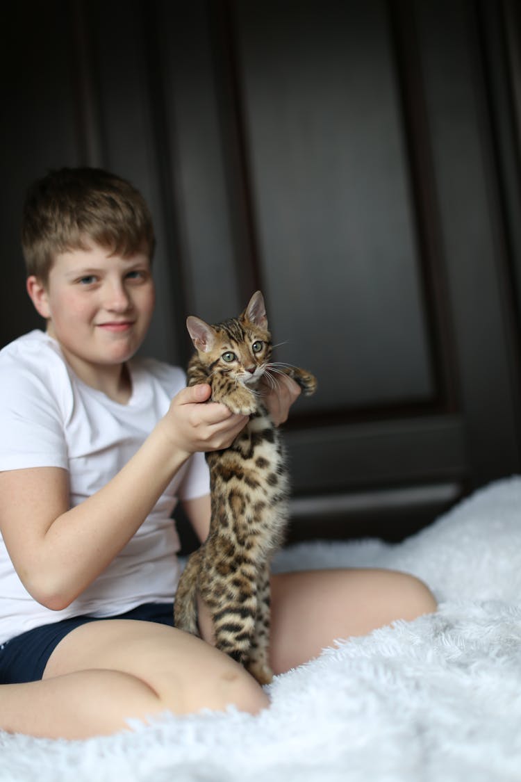 A Boy Holding A Cat