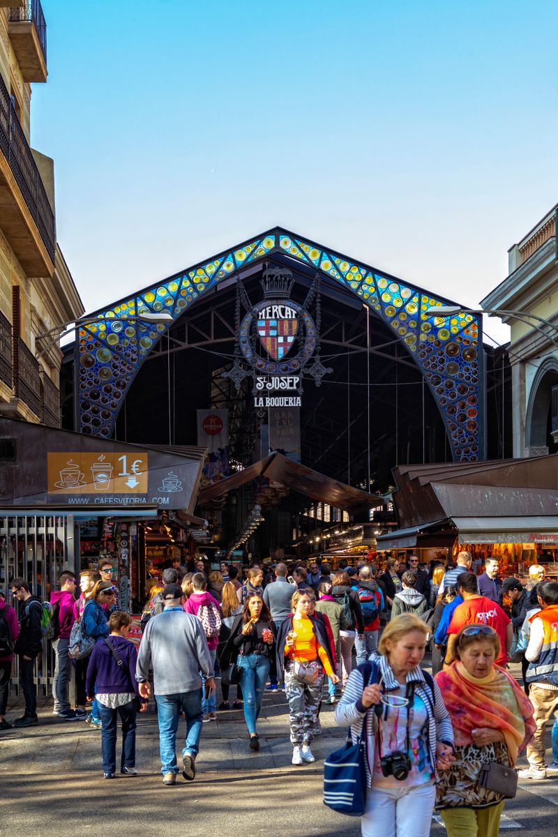 The mosaic entrance arch of La Boqueria market on La Rambla in Barcelona