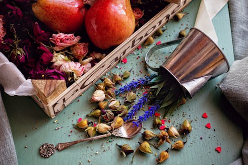 Dried Flower Buds Scattered on a Table