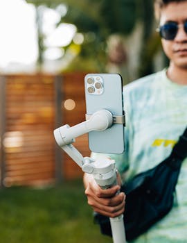 Person holding a smartphone on a gimbal in an outdoor setting.