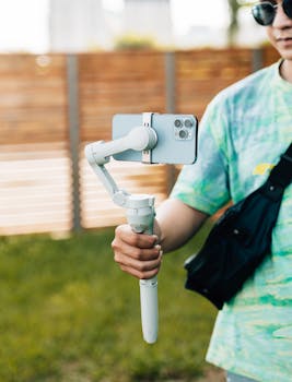 Close-up of a person holding a smartphone on a stabilizer in a sunny outdoor setting.