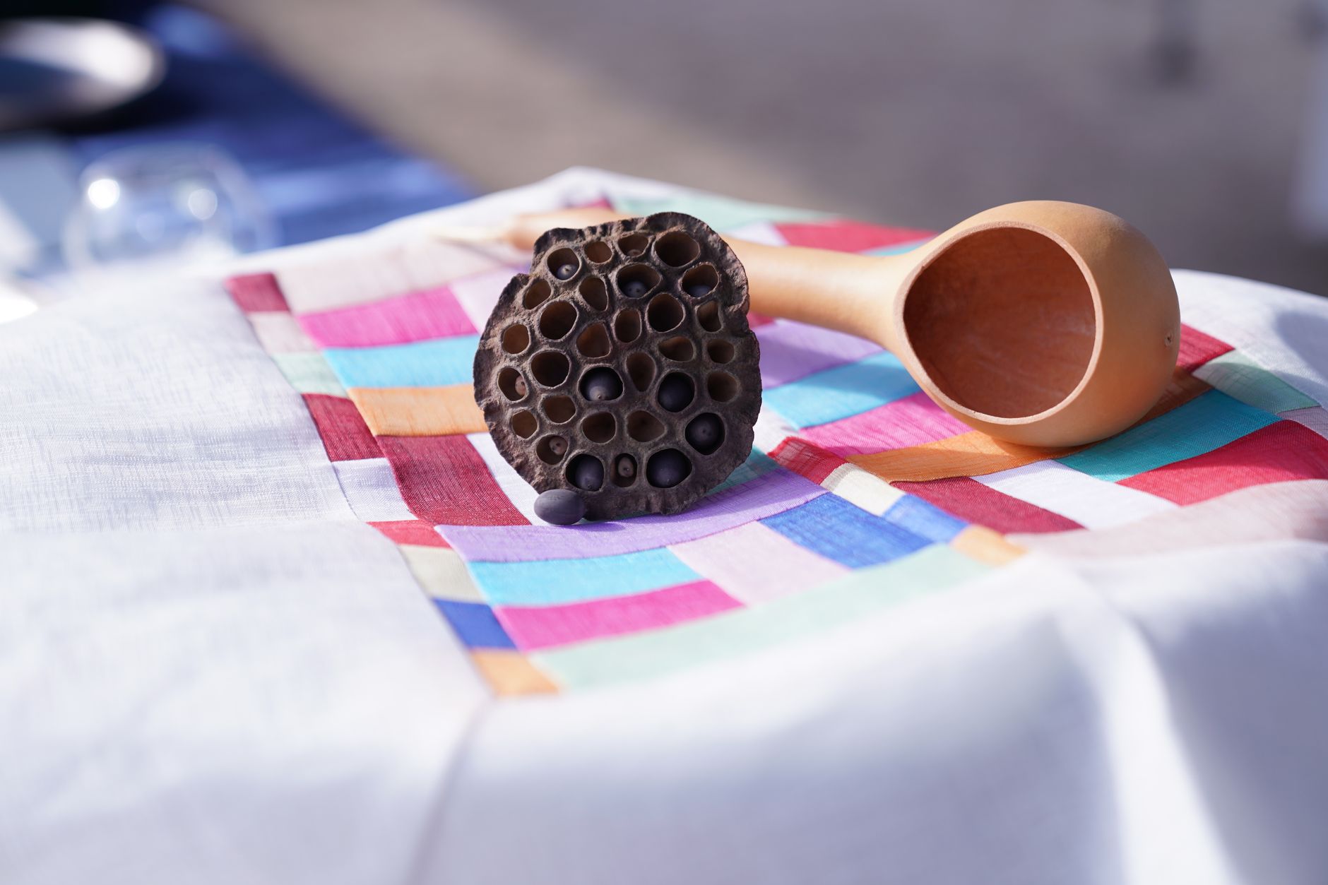 A lotus seed pod and wooden spoon on a vibrant fabric, casting gentle shadows.