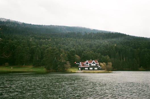 Charming lakeside house in the lush forests of Bolu, Turkey with mountain backdrop.