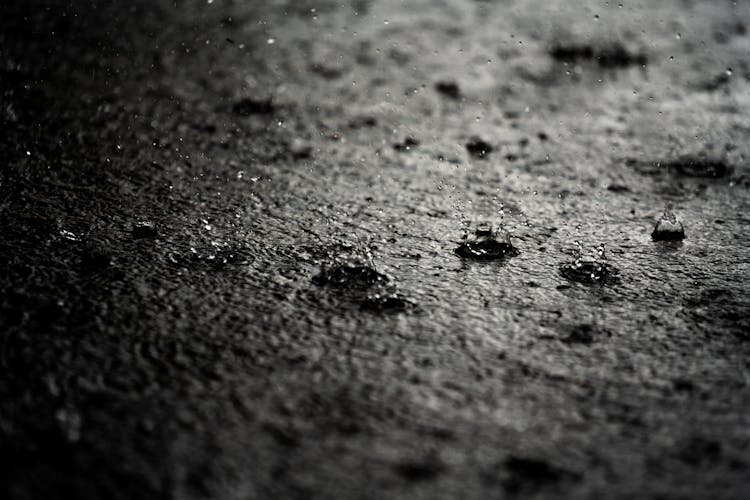 A Grayscale Photo Of Raindrops Falling On The Ground