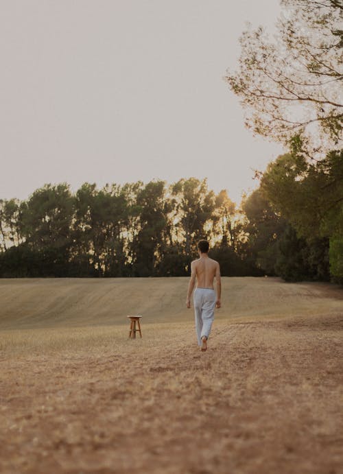 A Back View of a Shirtless Man Walking on the Field