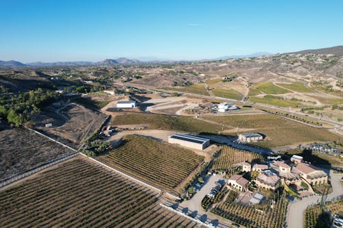 An Aerial Shot of Houses and Fields in the Countryside