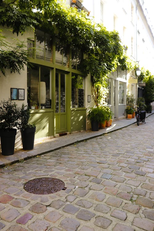 Storefronts on a Cobblestone Street