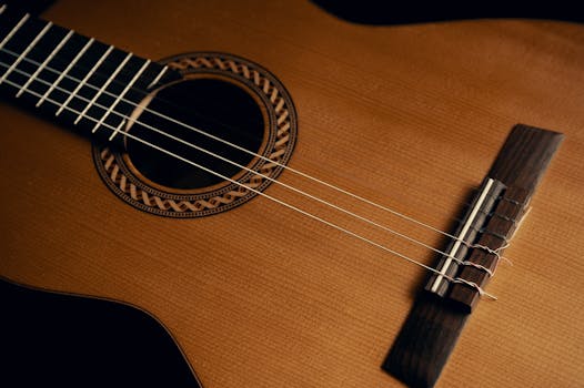 Detailed view of an acoustic guitar showcasing strings and wooden texture.