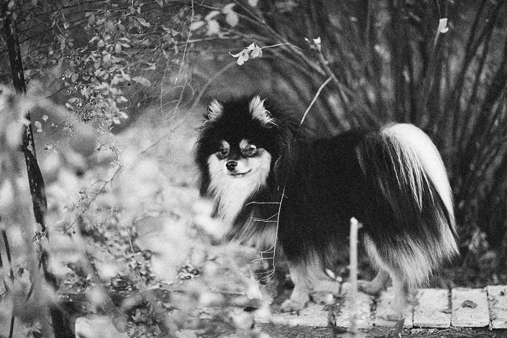 Ett foto av en pomeransk hund i gråskala