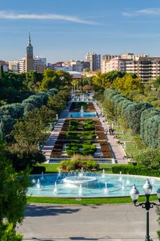 Beautiful aerial view of Parque Grande in Zaragoza, Spain with fountains and cityscape.