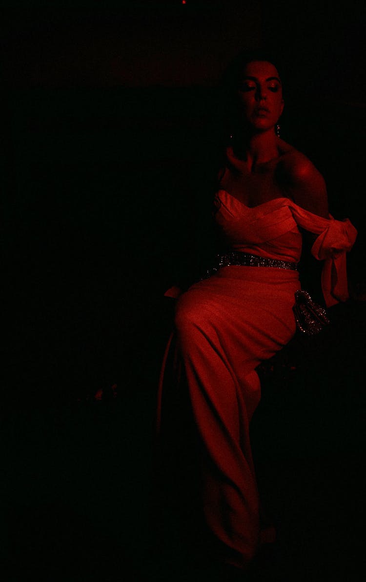 Woman In Dress Posing In Darkness