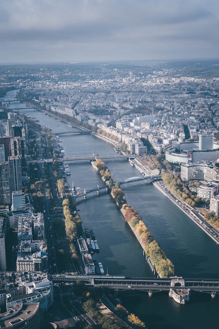 Drone Shot Of Seine River In Paris