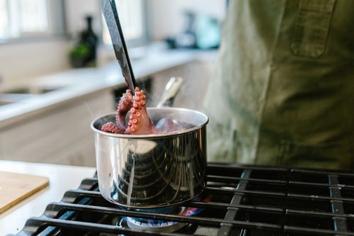 Free Close-up of boiling octopus in a pot on a gas stove in a modern kitchen. Stock Photo