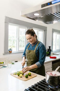A woman chopping cucumbers and limes on a cutting board in a sunlit kitchen.