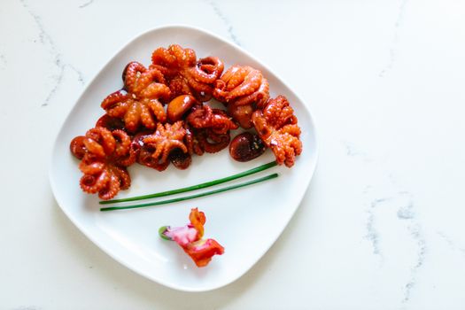 A delectable gourmet octopus dish neatly presented on a modern white plate.