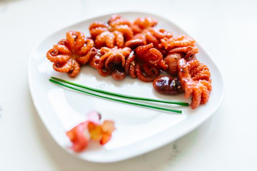 Delicately arranged grilled octopus tentacles on a stylish plate with garnish.