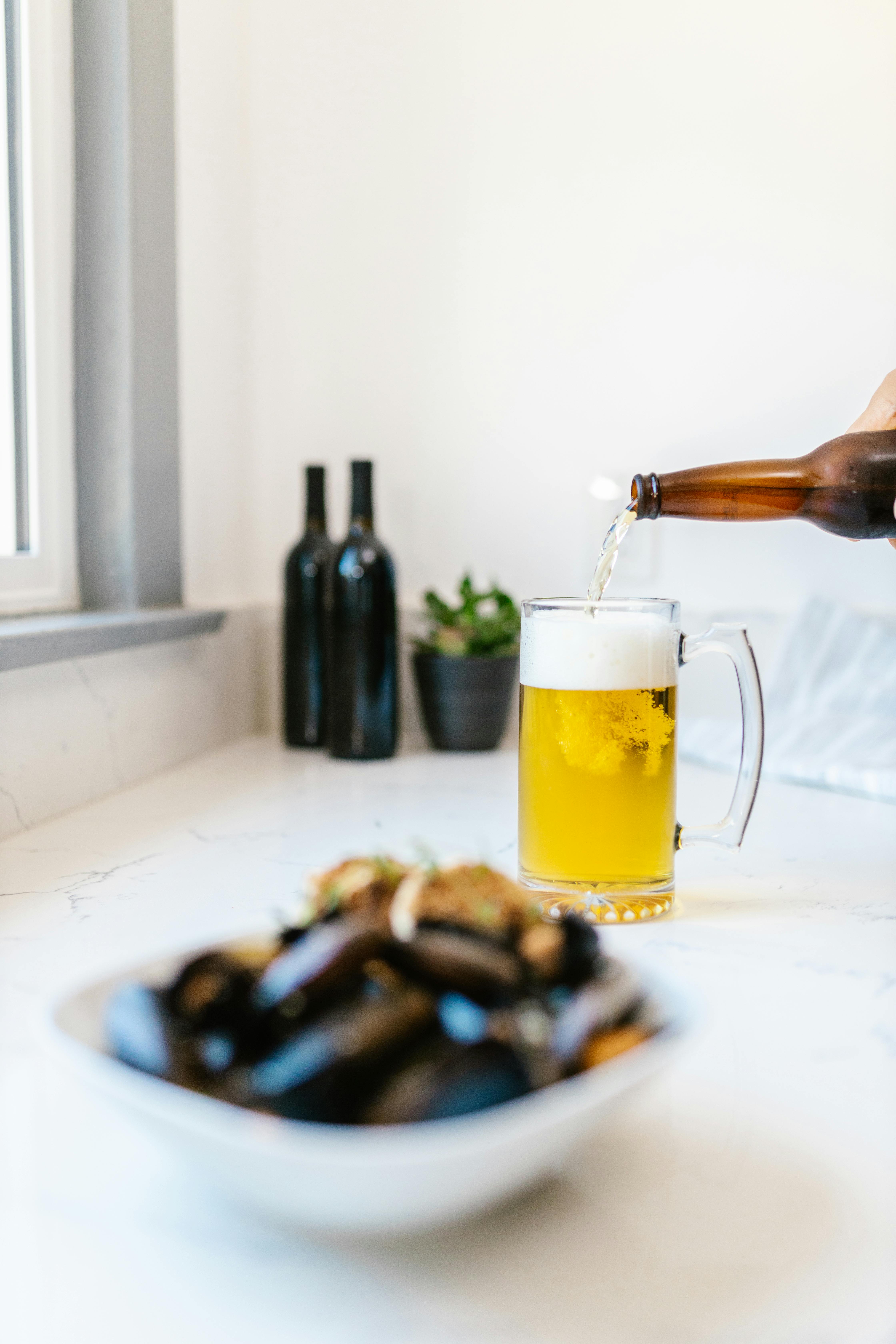 Modern home kitchen with beer refrigerator, gourmet cuisine, travel and education themes